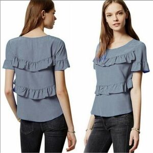 Anthropologie HD in Paris Silk Ruffle Blouse Short Sleeve Tiered Top Large